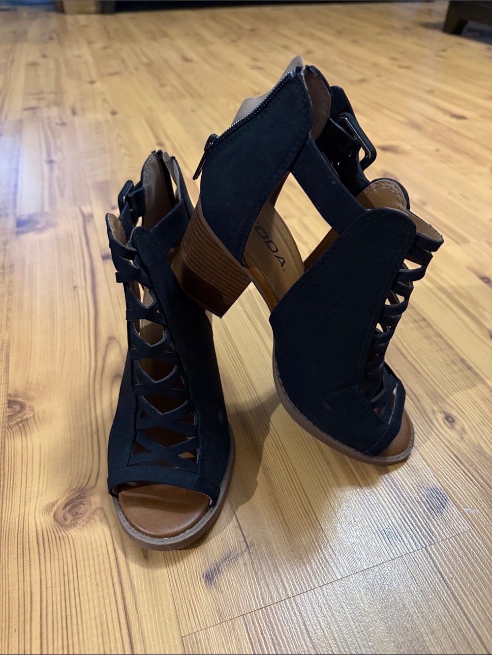 Soda Black Cutout Peep-Toe Lace-Up Wedge Heels